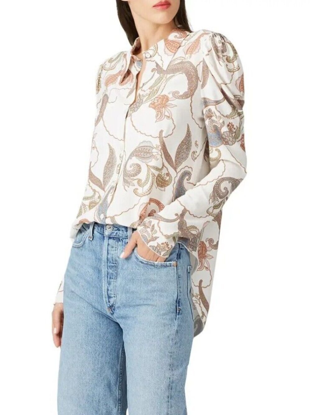 SEE BY CHLOE White Floral Paisley Print Crepe Puff Sleeve Blouse, Size 34/2